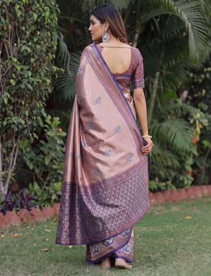 BLUE RAMA ART SILK JACUARD WORK SAREE WITH UNSTITCHED BLOUSE PIECE 3