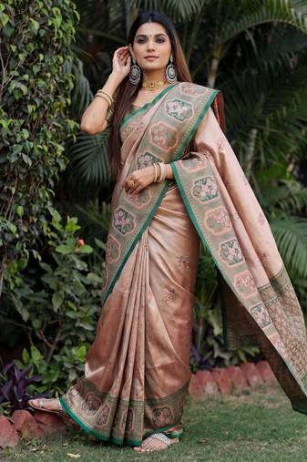 GREEN GAJRI ART SILK JACUARD WORK SAREE WITH UNSTITCHED BLOUSE PIECE