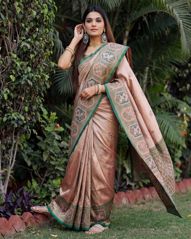 GREEN GAJRI ART SILK JACUARD WORK SAREE WITH UNSTITCHED BLOUSE PIECE