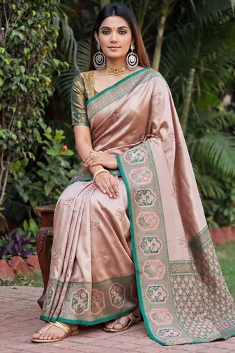 GREEN GAJRI ART SILK JACUARD WORK SAREE WITH UNSTITCHED BLOUSE PIECE