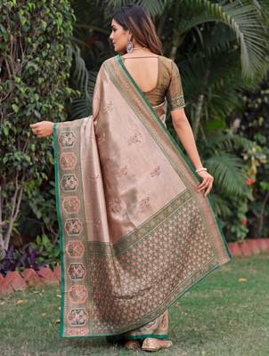 GREEN GAJRI ART SILK JACUARD WORK SAREE WITH UNSTITCHED BLOUSE PIECE 3