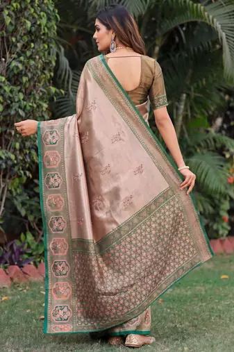 GREEN GAJRI ART SILK JACUARD WORK SAREE WITH UNSTITCHED BLOUSE PIECE
