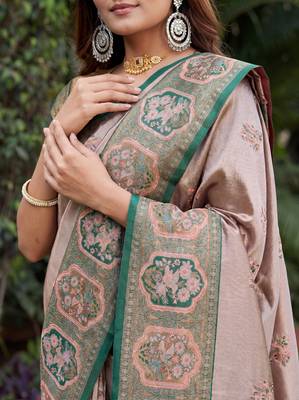 GREEN GAJRI ART SILK JACUARD WORK SAREE WITH UNSTITCHED BLOUSE PIECE 4