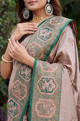 GREEN GAJRI ART SILK JACUARD WORK SAREE WITH UNSTITCHED BLOUSE PIECE