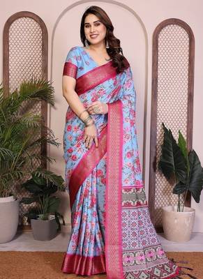 sky blue color zari weaving border work cotton blend saree 1
