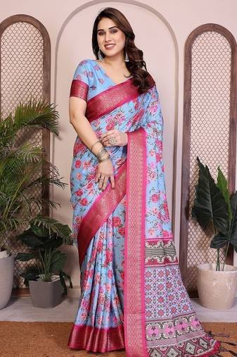 sky blue zari weaving border work cotton blend saree
