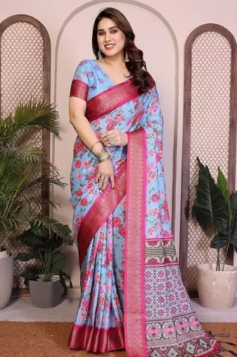 sky blue color zari weaving border work cotton blend saree