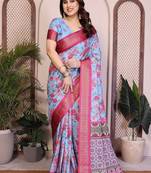 sky blue color zari weaving border work cotton blend saree