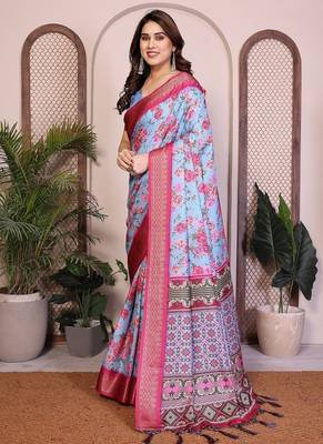 sky blue color zari weaving border work cotton blend saree 2
