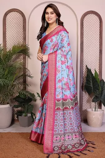 sky blue color zari weaving border work cotton blend saree