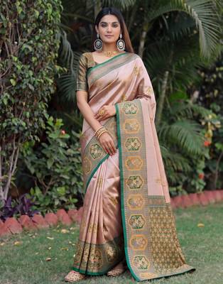 GREEN GOLD ART SILK JACUARD WORK SAREE WITH UNSTITCHED BLOUSE PIECE 1