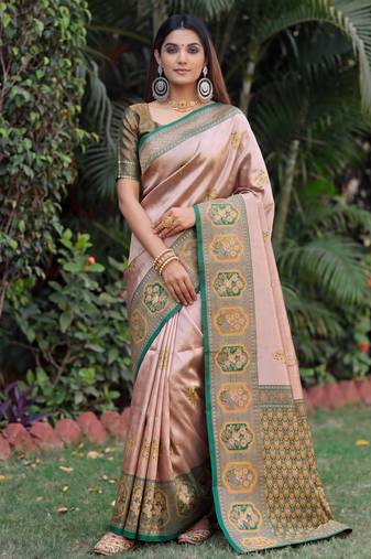 GREEN GOLD ART SILK JACUARD WORK SAREE WITH UNSTITCHED BLOUSE PIECE