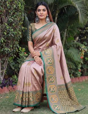 GREEN GOLD ART SILK JACUARD WORK SAREE WITH UNSTITCHED BLOUSE PIECE 2
