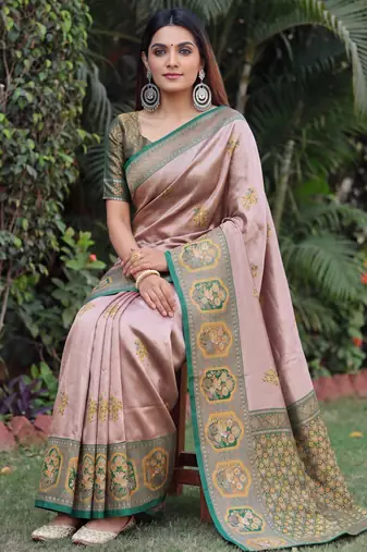 GREEN GOLD ART SILK JACUARD WORK SAREE WITH UNSTITCHED BLOUSE PIECE