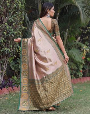 GREEN GOLD ART SILK JACUARD WORK SAREE WITH UNSTITCHED BLOUSE PIECE 3