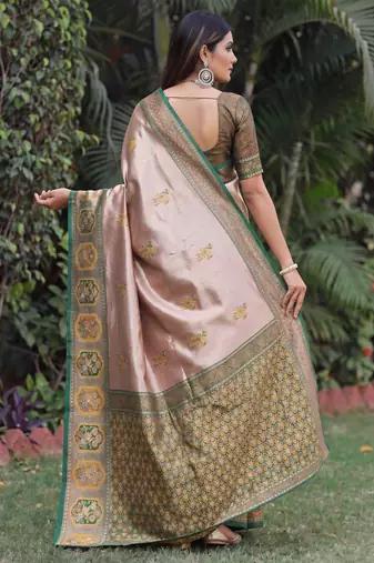 GREEN GOLD ART SILK JACUARD WORK SAREE WITH UNSTITCHED BLOUSE PIECE