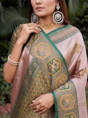 GREEN GOLD ART SILK JACUARD WORK SAREE WITH UNSTITCHED BLOUSE PIECE 4