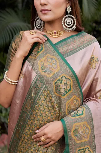 GREEN GOLD ART SILK JACUARD WORK SAREE WITH UNSTITCHED BLOUSE PIECE