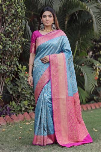 SKY PINK ART SILK BANARASI JACUARD WORK SAREE WITH UNSTITCHED BLOUSE PIECE