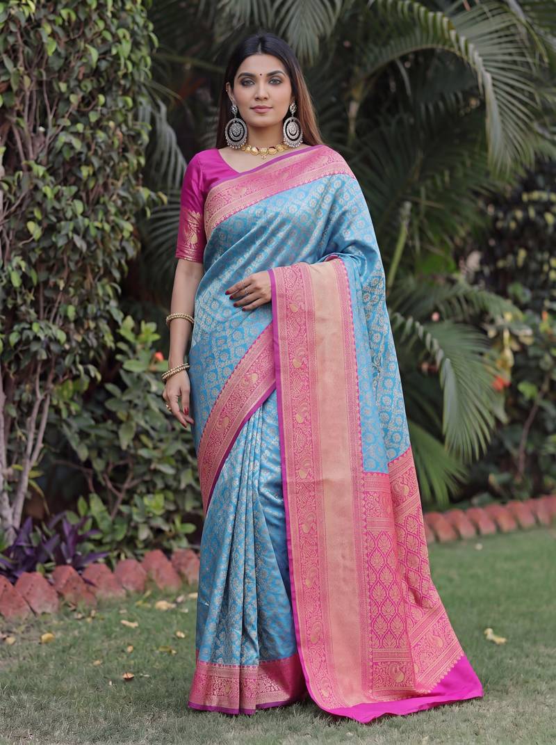 SKY PINK ART SILK BANARASI JACUARD WORK SAREE WITH UNSTITCHED BLOUSE PIECE