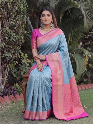 SKY PINK ART SILK BANARASI JACUARD WORK SAREE WITH UNSTITCHED BLOUSE PIECE 2