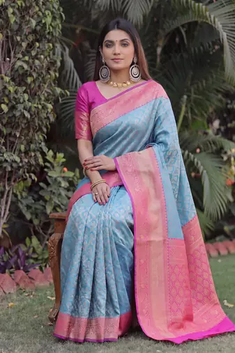 SKY PINK ART SILK BANARASI JACUARD WORK SAREE WITH UNSTITCHED BLOUSE PIECE
