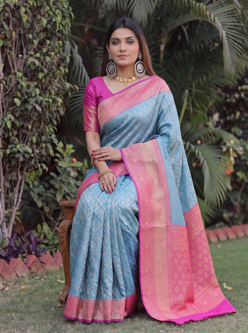 SKY PINK ART SILK BANARASI JACUARD WORK SAREE WITH UNSTITCHED BLOUSE PIECE