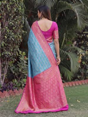 SKY PINK ART SILK BANARASI JACUARD WORK SAREE WITH UNSTITCHED BLOUSE PIECE 3