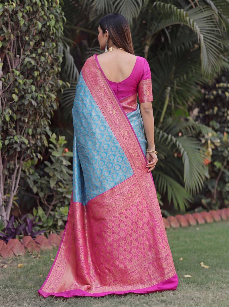 SKY PINK ART SILK BANARASI JACUARD WORK SAREE WITH UNSTITCHED BLOUSE PIECE