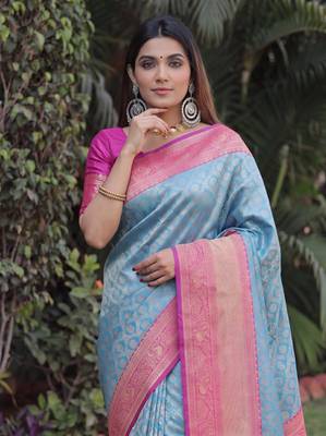 SKY PINK ART SILK BANARASI JACUARD WORK SAREE WITH UNSTITCHED BLOUSE PIECE 4