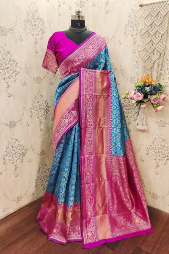SKY PINK ART SILK BANARASI JACUARD WORK SAREE WITH UNSTITCHED BLOUSE PIECE