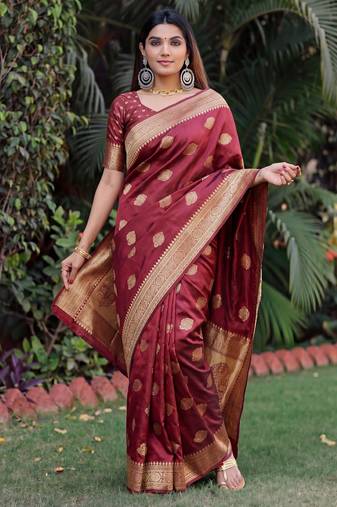 MAROON ART SILK BANARASI JACUARD WORK SAREE WITH UNSTITCHED BLOUSE PIECE