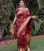 MAROON ART SILK BANARASI JACUARD WORK SAREE WITH UNSTITCHED BLOUSE PIECE