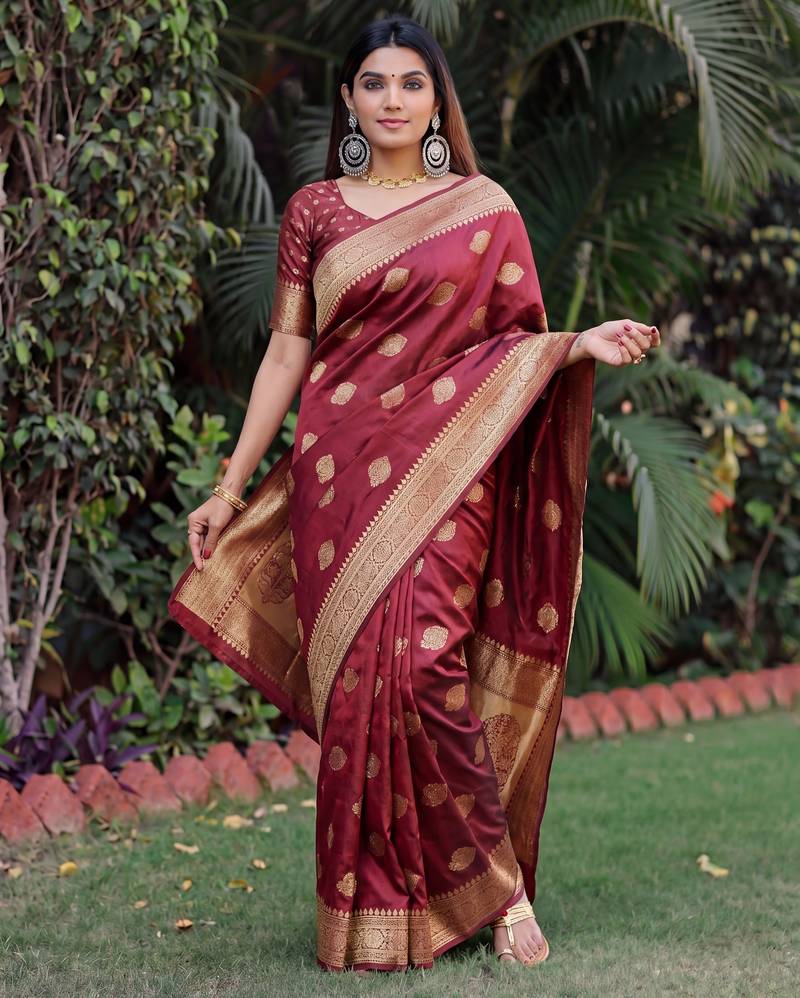 MAROON ART SILK BANARASI JACUARD WORK SAREE WITH UNSTITCHED BLOUSE PIECE