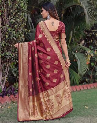 MAROON ART SILK BANARASI JACUARD WORK SAREE WITH UNSTITCHED BLOUSE PIECE 2