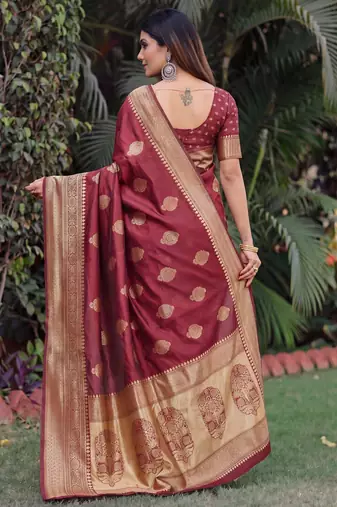 MAROON ART SILK BANARASI JACUARD WORK SAREE WITH UNSTITCHED BLOUSE PIECE