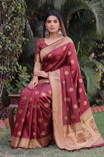 MAROON ART SILK BANARASI JACUARD WORK SAREE WITH UNSTITCHED BLOUSE PIECE