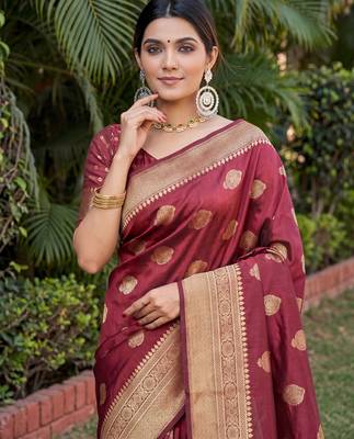 MAROON ART SILK BANARASI JACUARD WORK SAREE WITH UNSTITCHED BLOUSE PIECE 4