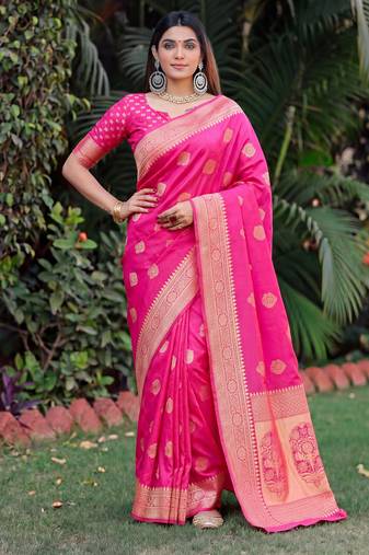 PINK ART SILK BANARASI JACUARD WORK SAREE WITH UNSTITCHED BLOUSE PIECE