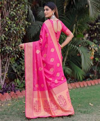 PINK ART SILK BANARASI JACUARD WORK SAREE WITH UNSTITCHED BLOUSE PIECE 2