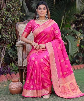 PINK ART SILK BANARASI JACUARD WORK SAREE WITH UNSTITCHED BLOUSE PIECE 3
