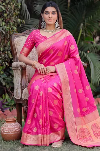 PINK ART SILK BANARASI JACUARD WORK SAREE WITH UNSTITCHED BLOUSE PIECE