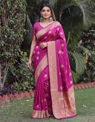 WINE ART SILK BANARASI JACUARD WORK SAREE WITH UNSTITCHED BLOUSE PIECE 1