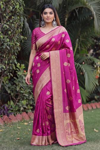 WINE ART SILK BANARASI JACUARD WORK SAREE WITH UNSTITCHED BLOUSE PIECE