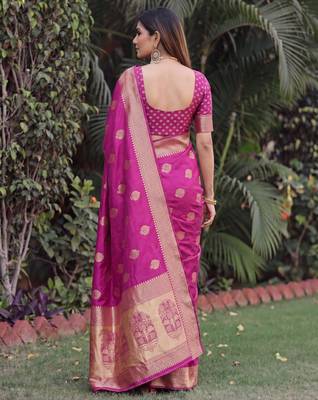 WINE ART SILK BANARASI JACUARD WORK SAREE WITH UNSTITCHED BLOUSE PIECE 2