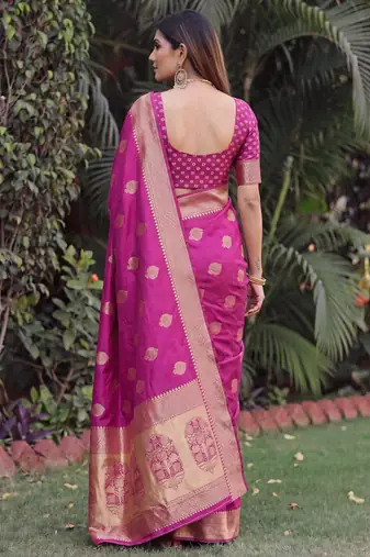 WINE ART SILK BANARASI JACUARD WORK SAREE WITH UNSTITCHED BLOUSE PIECE