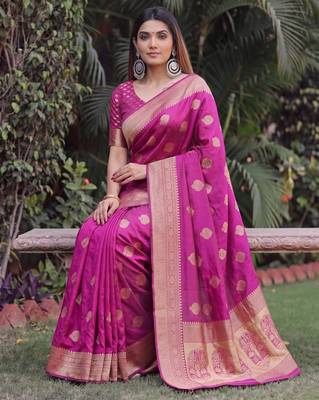 WINE ART SILK BANARASI JACUARD WORK SAREE WITH UNSTITCHED BLOUSE PIECE 3