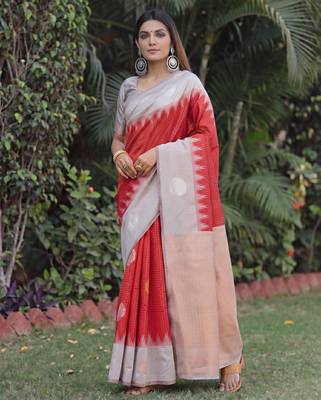 GREY RED ART SILK JACUARD WORK SAREE WITH UNSTITCHED BLOUSE PIECE 1