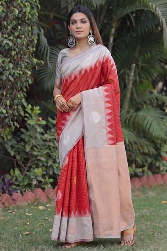 GREY RED ART SILK JACUARD WORK SAREE WITH UNSTITCHED BLOUSE PIECE