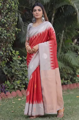 GREY RED ART SILK JACUARD WORK SAREE WITH UNSTITCHED BLOUSE PIECE